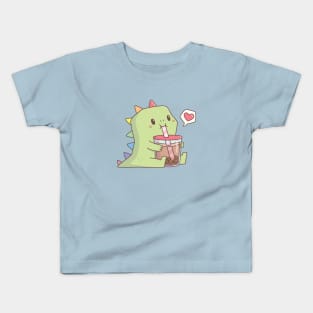 Cute Dinosaur with Rainbow Spikes Loves Bubble Tea Kids T-Shirt